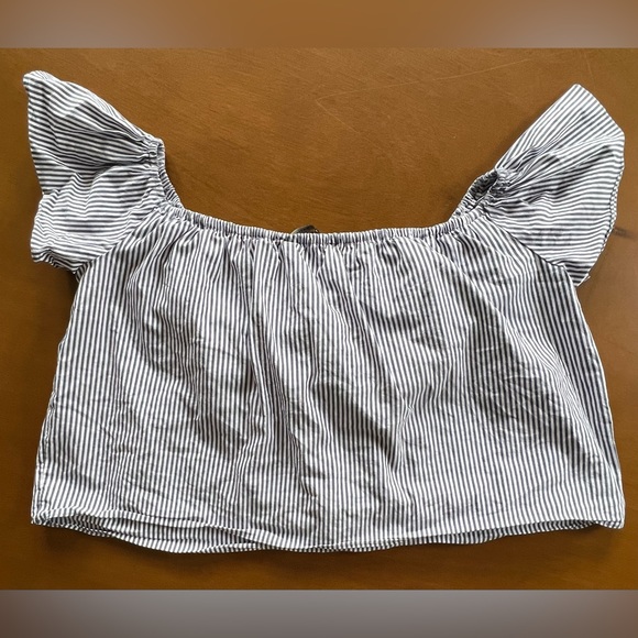 ☎️ Zara Basic Ruffle Sleeve Boat Neck Stripe Crop Top Tank - Picture 2 of 5